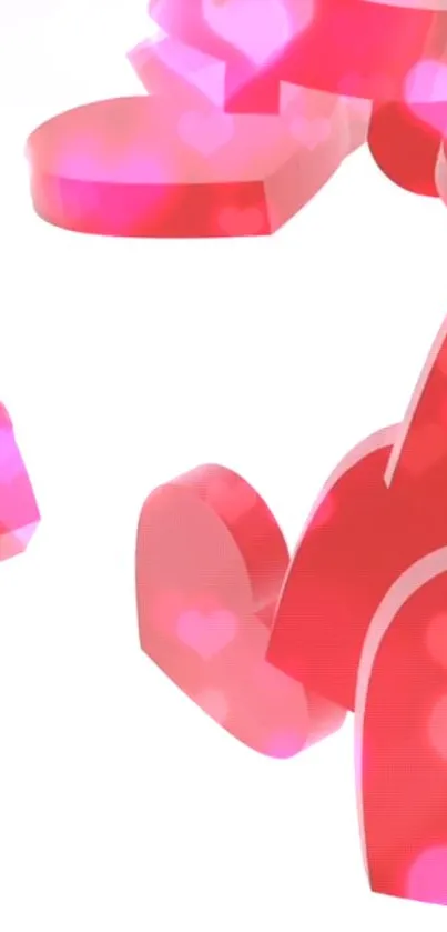 Mobile wallpaper with floating red and pink hearts on a white background.