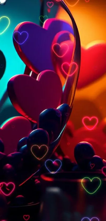 Vivid wallpaper with colorful hearts and neon hues.