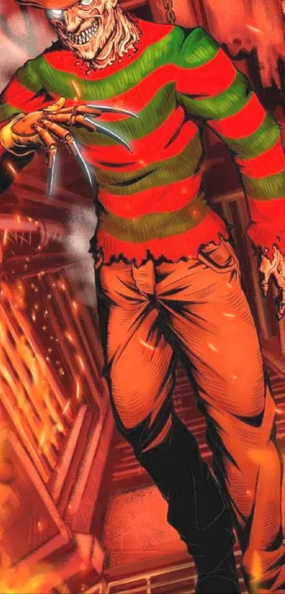 Vivid horror character in red-green hues showing claws and flames.