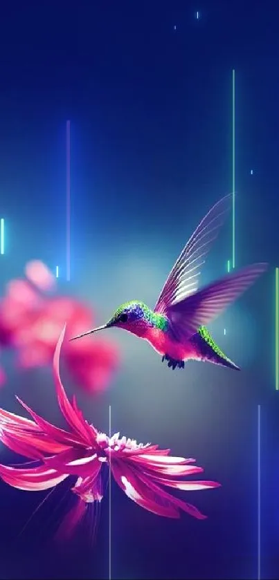 Vibrant hummingbird hovering near a pink flower with a dark blue background.