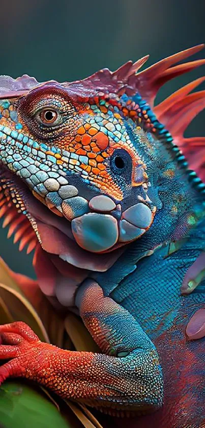 Vivid, colorful iguana artwork on a mobile wallpaper.