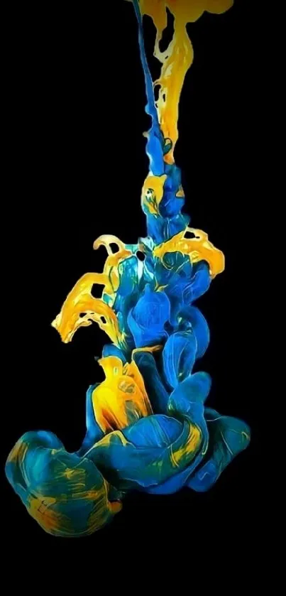 Vibrant blue and yellow ink suspended in dark background.