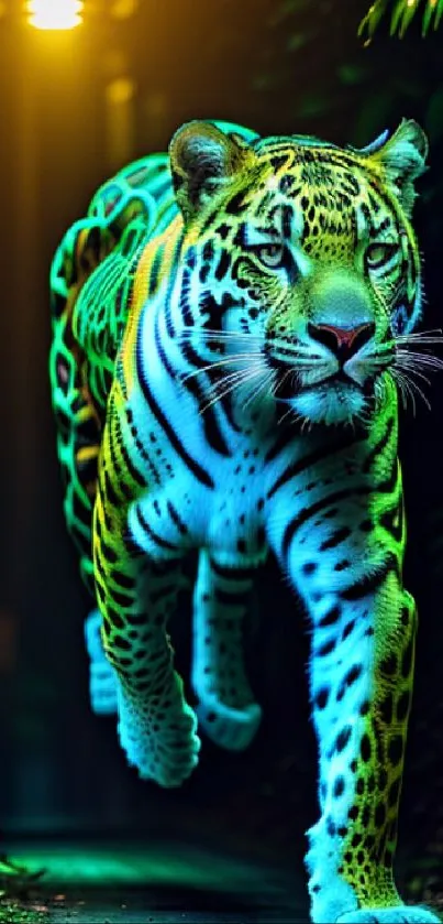 Dynamic jaguar running along a lush jungle path with vibrant lighting.