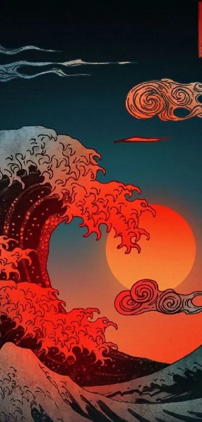 Vibrant Japanese wave art with red sun on mobile wallpaper.