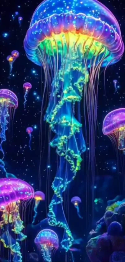 Glowing jellyfish in blue cosmic underwater scene.
