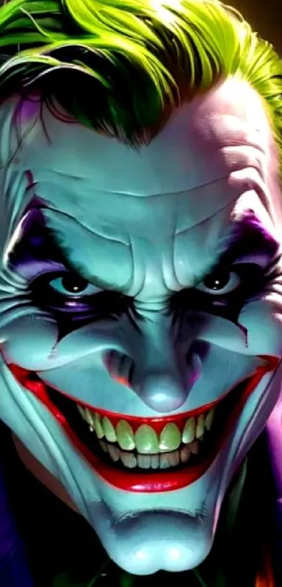 Colorful Joker character art with intense expression.