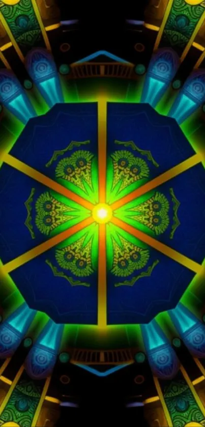 Vivid kaleidoscope wallpaper with green, blue, and yellow abstract patterns.