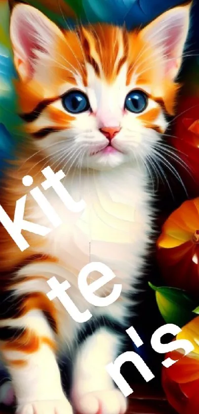 Vibrant digital art of a kitten with a colorful background.