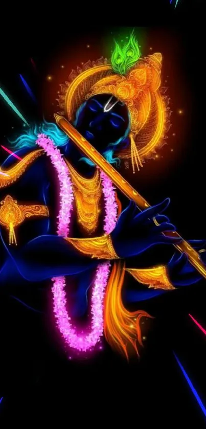 Vivid artwork of Krishna playing flute on a black background.