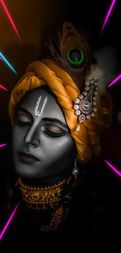 Vibrant Krishna portrait with a golden turban and peacock feather.