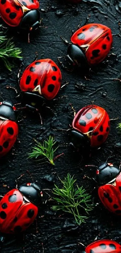 Vivid red ladybugs with green leaves on a black textured background.