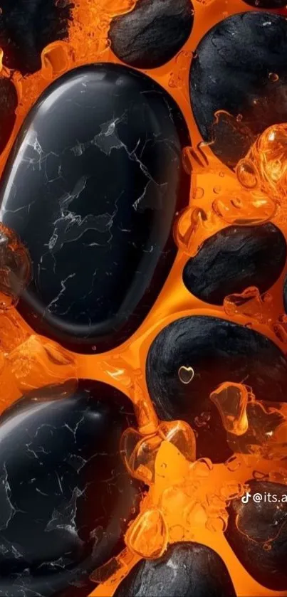 Black stones in vibrant orange lava design wallpaper.