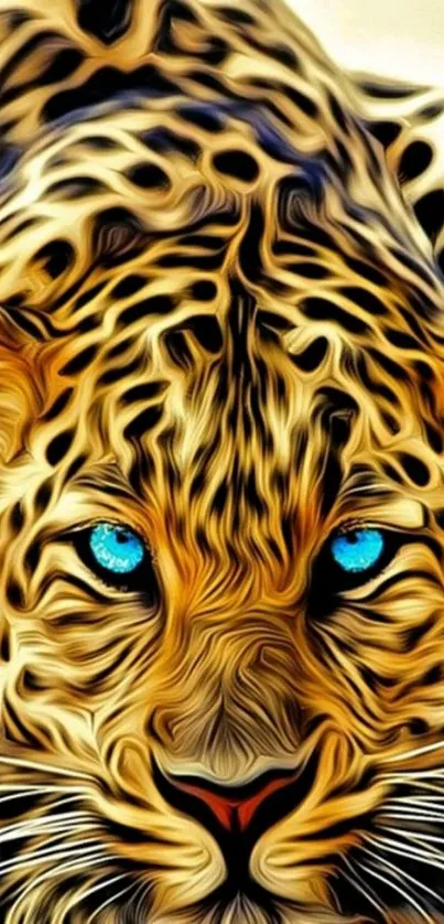 Vibrant leopard with blue eyes in artistic mobile wallpaper.