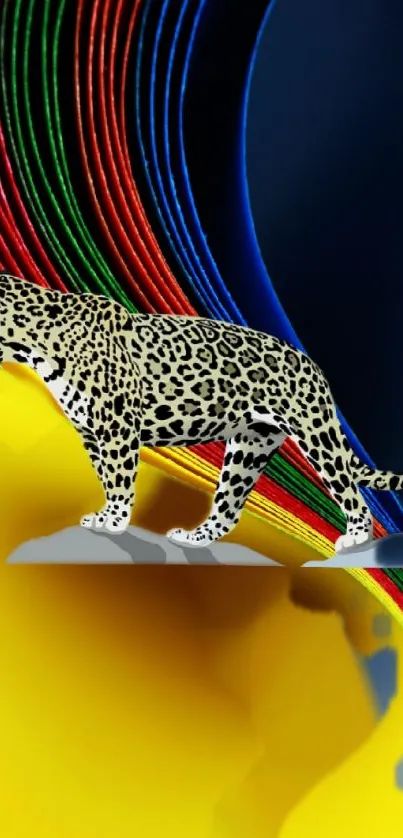 Vivid leopard with rainbow stripes on a yellow background.