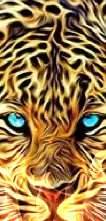 Leopard face with blue eyes wallpaper, showcasing vivid yellow and black patterns.