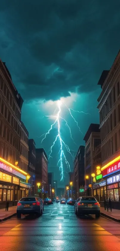 Striking lightning bolt over a vibrant city street at night.