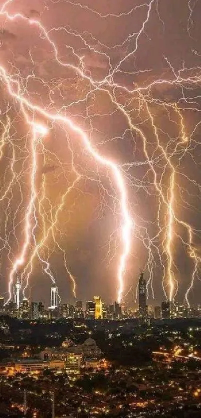 Dramatic lightning storm over a vibrant cityscape at night.