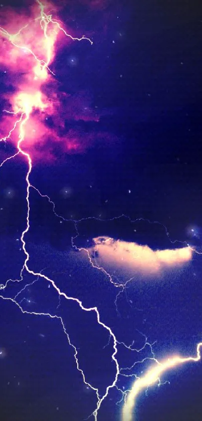 Vivid lightning storm in dark purple sky for mobile wallpaper.