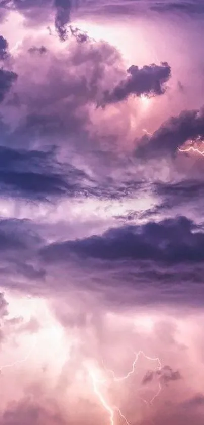 Dramatic purple thunderstorm sky with lightning and clouds.