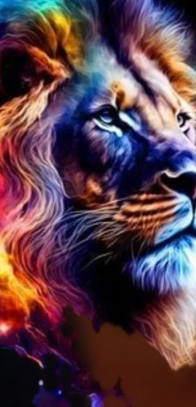 Majestic lion with cosmic colors in vibrant mobile wallpaper.