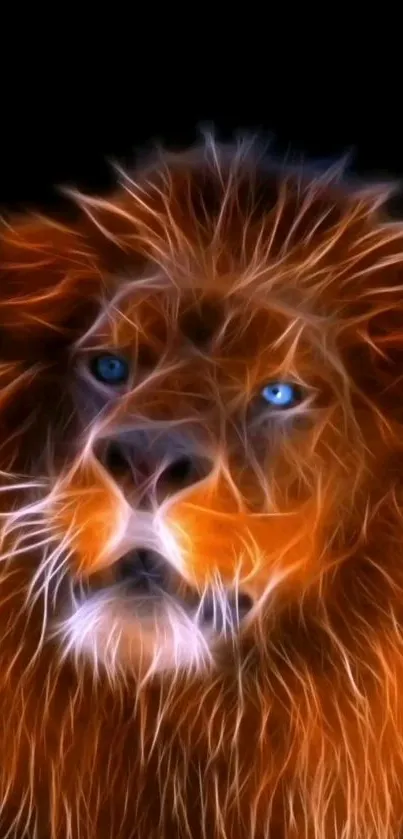 Vivid, artistic lion with fiery orange mane on black background.