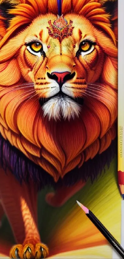 Vivid lion artwork with pencils for a colorful mobile wallpaper.