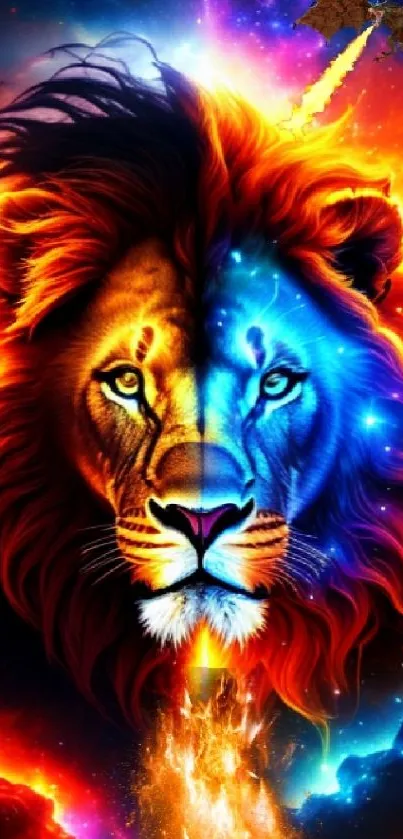 Vivid cosmic lion with fire and ice elements.