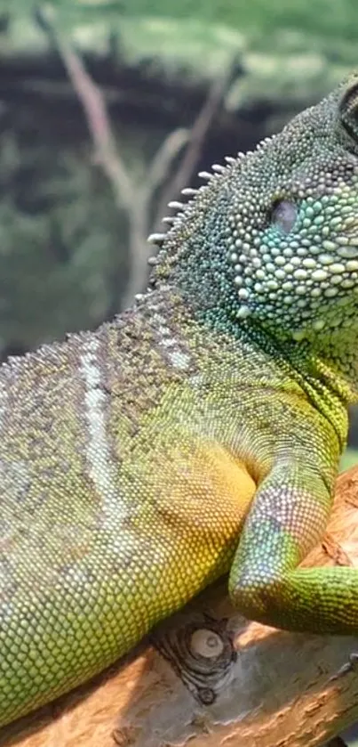 Vivid green lizard on a branch with detailed scales.