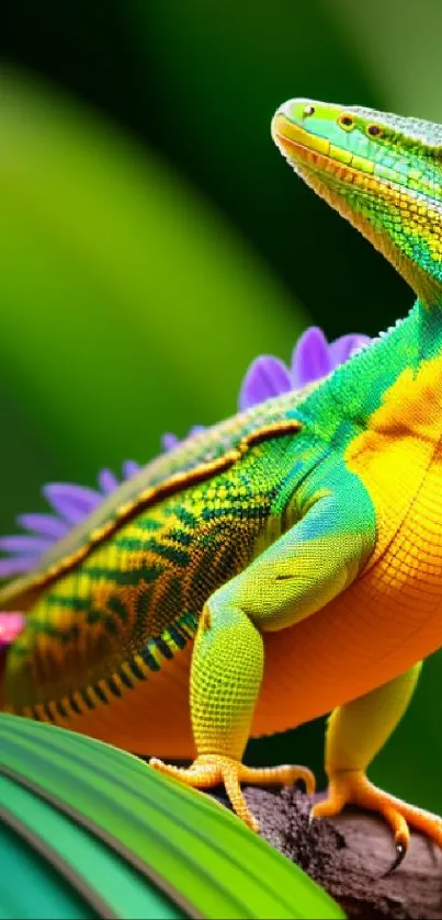 Colorful lizard resting on a green leaf.