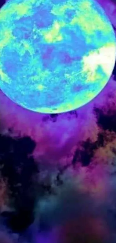 Glowing blue moon with colorful clouds.