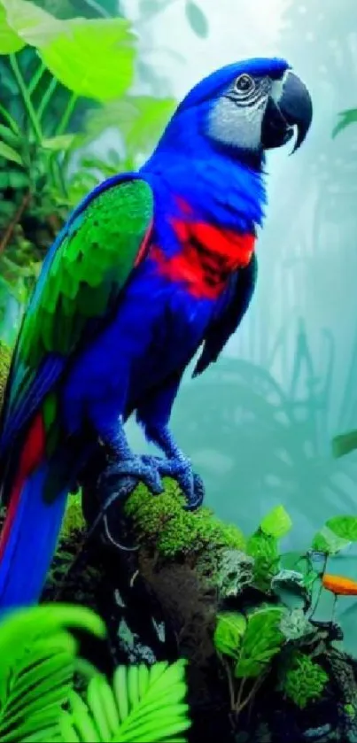 A vivid blue macaw in a lush jungle setting on a phone wallpaper.