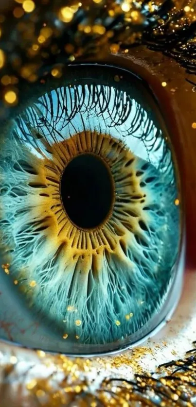 Close-up of a vibrant and colorful eye with gold glitter accents.