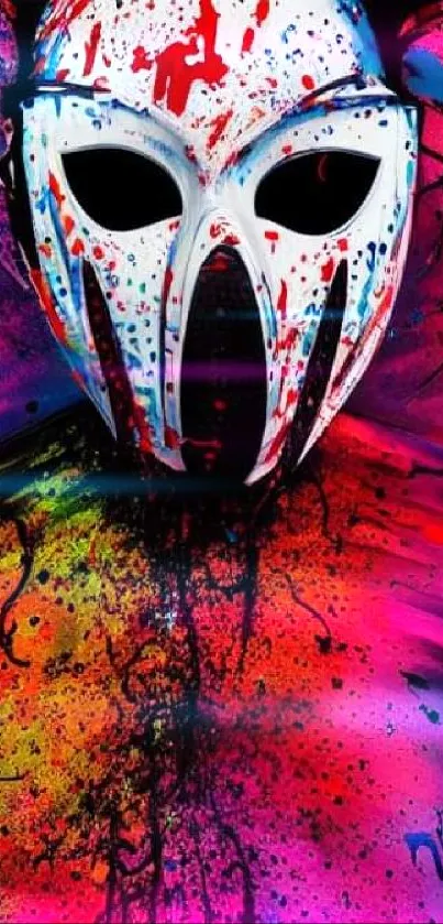 Colorful mask with neon and abstract design on wallpaper.