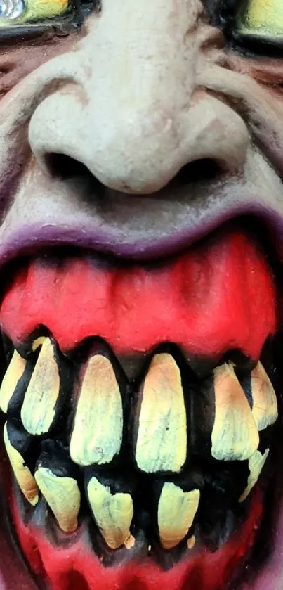 Close-up of colorful monster face with vivid red and yellow hues.