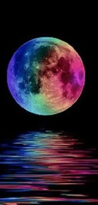 Vibrant moon reflecting on colorful water at night.