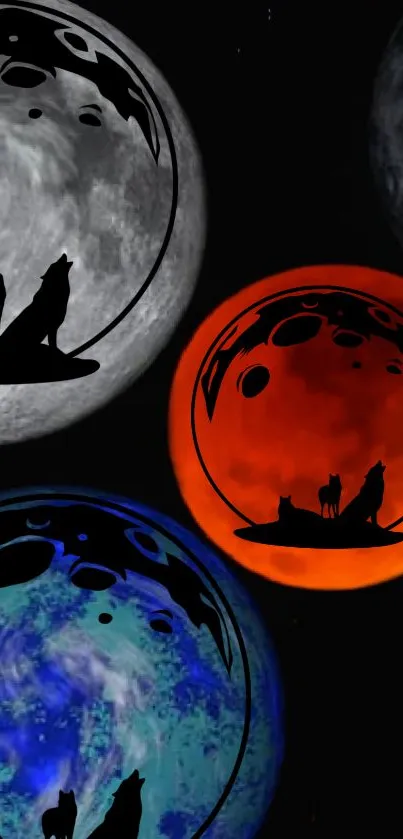 Colorful moons with wolf silhouettes in an artistic mobile wallpaper design.