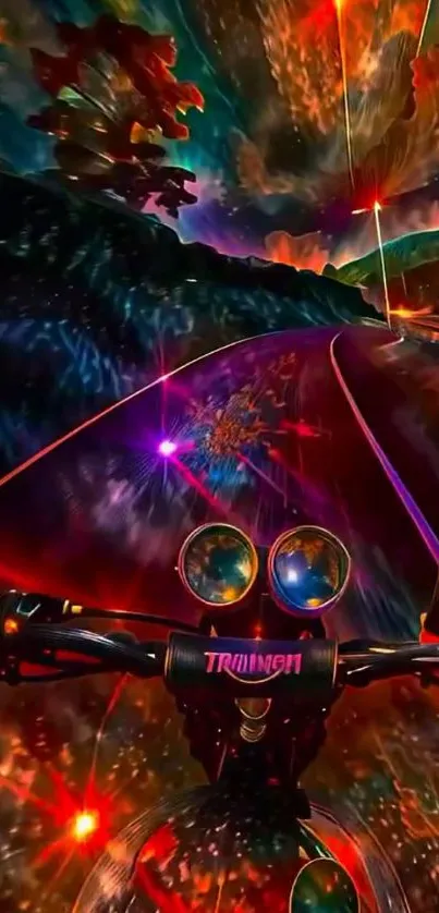 Vibrant cosmic landscape with motorcycle.