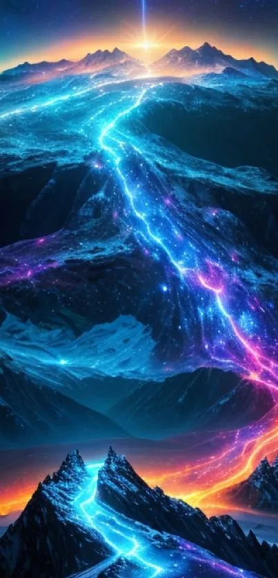 A vibrant galaxy stream flows down a scenic, colorful mountain landscape.