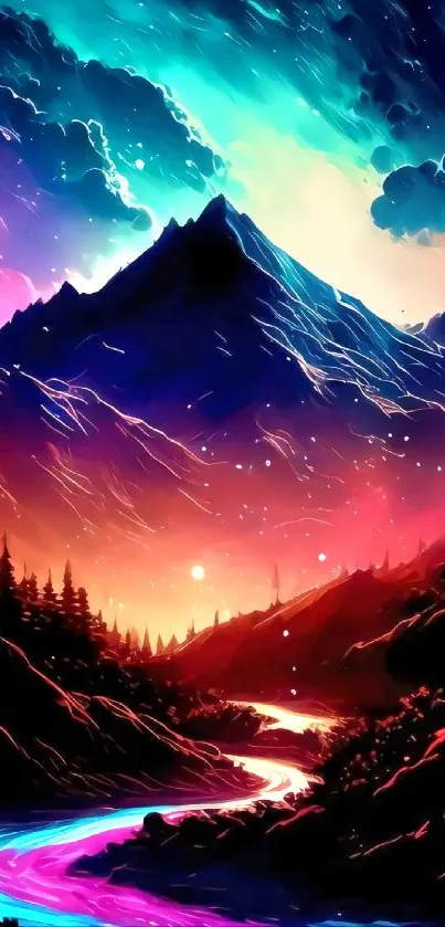Vibrant mountain under a colorful night sky with stars.