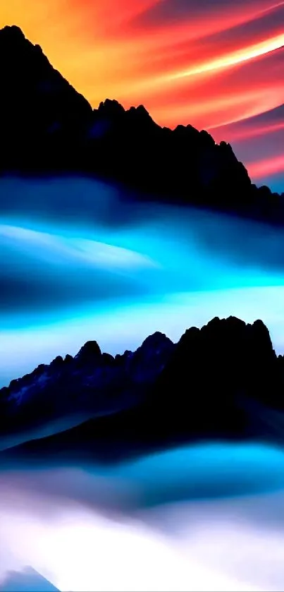 Vivid mountain landscape with gradient sky in blue and orange hues.