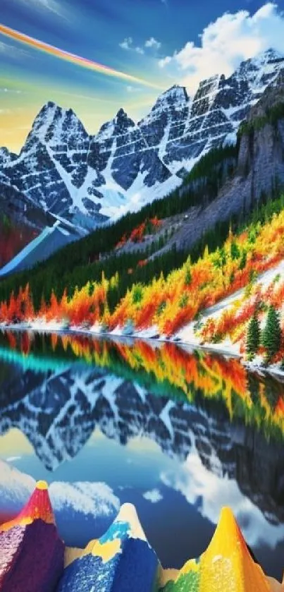 Vibrant mountains reflected in a serene lake under a blue sky.