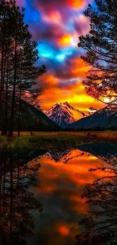 Vivid sunset reflecting in a tranquil mountain lake with colorful sky.