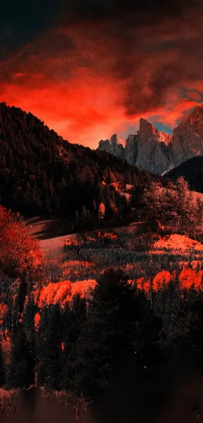 Vivid mountain sunset wallpaper with bold red-orange hues.