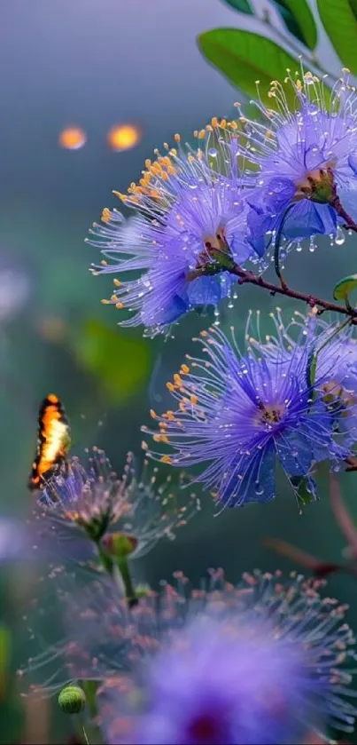 Vibrant butterfly on purple flowers wallpaper.