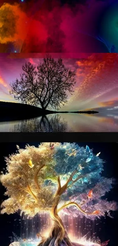 Vivid tree wallpaper with colorful skies and reflective waters, ideal for mobile use.