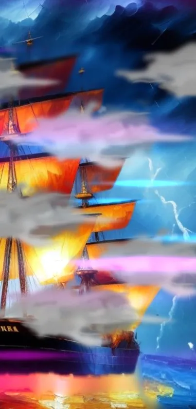 Majestic ship with vibrant sails against a stormy sky.