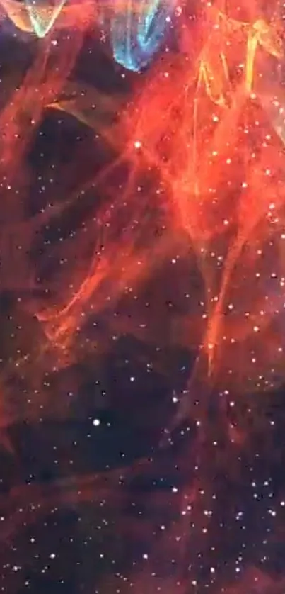 Vivid nebula space wallpaper with red and orange hues, and starry backdrop.