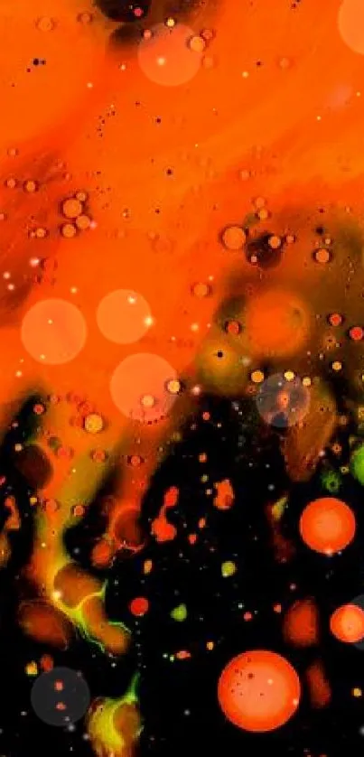 Vibrant neon abstract art with orange and green splashes on black background.