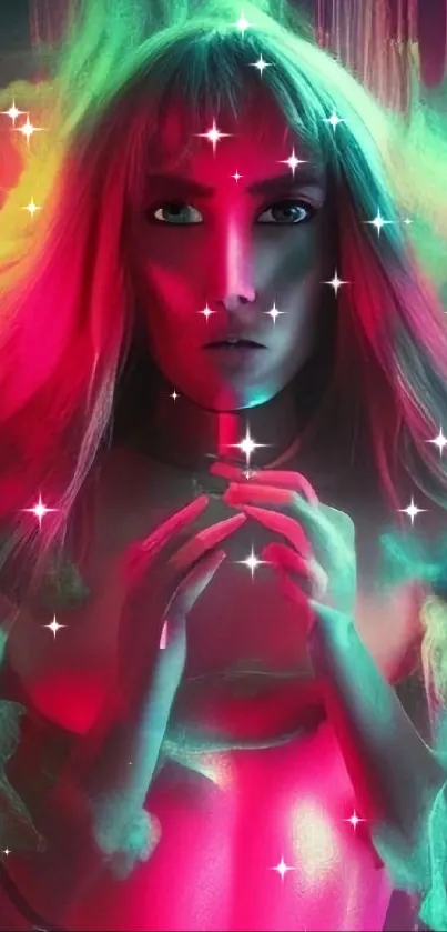 Neon abstract portrait with vibrant colors and surreal effect.