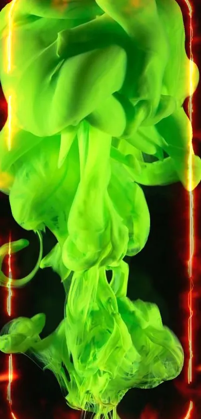 Neon green abstract swirl with fiery background.